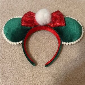 Disney Green & Red Holiday Minnie Ears Headband with White Pom